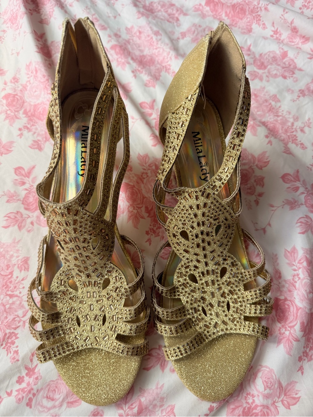 Mila Lady Gold Glitter Cutout High Heel Sandals